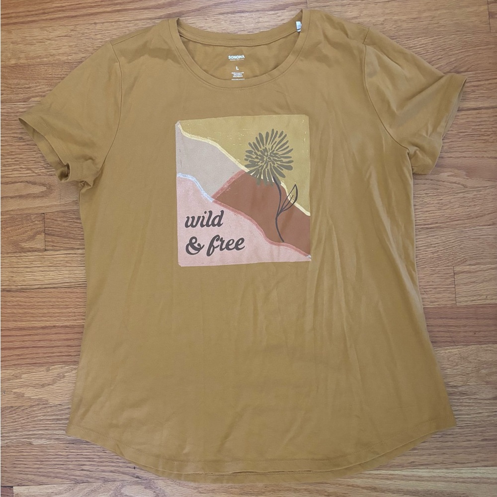Sonoma Tshirt Women’s Large Mustard Yellow Wild & Free Shirt Graphic New w/o tag
